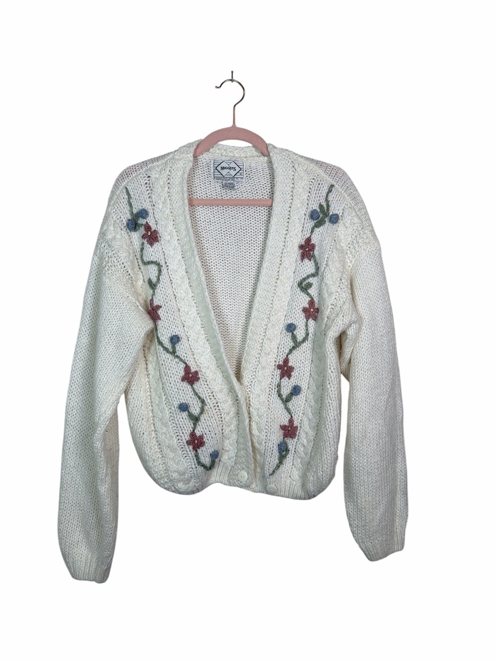 Vintage Nuggets Cream Floral Embroidered Cable Knit Cardigan L Cottagecore